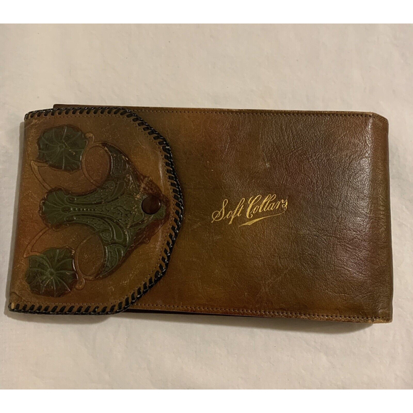 Vtg Leather Soft Collar Handkerchief Holder Pouch W/Shirt Collar Snap Closure￼
